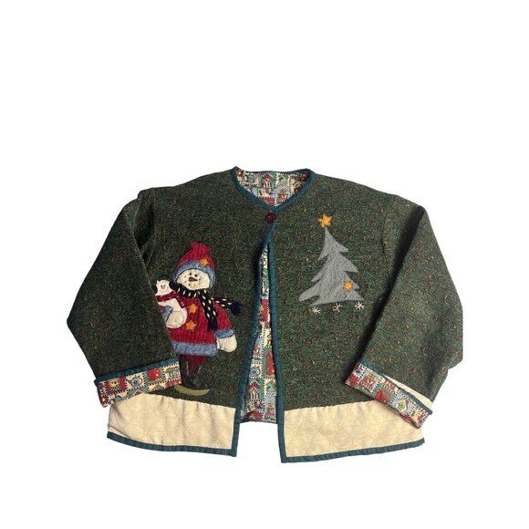 Green Wool Blend Holiday Cardigan W/ Snowman & Tree Appliques -  Large button - Picture 1 of 15